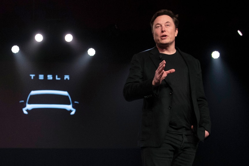 Elon Musk stands in front of one of his Tesla cars as speaks and gestures to an audience