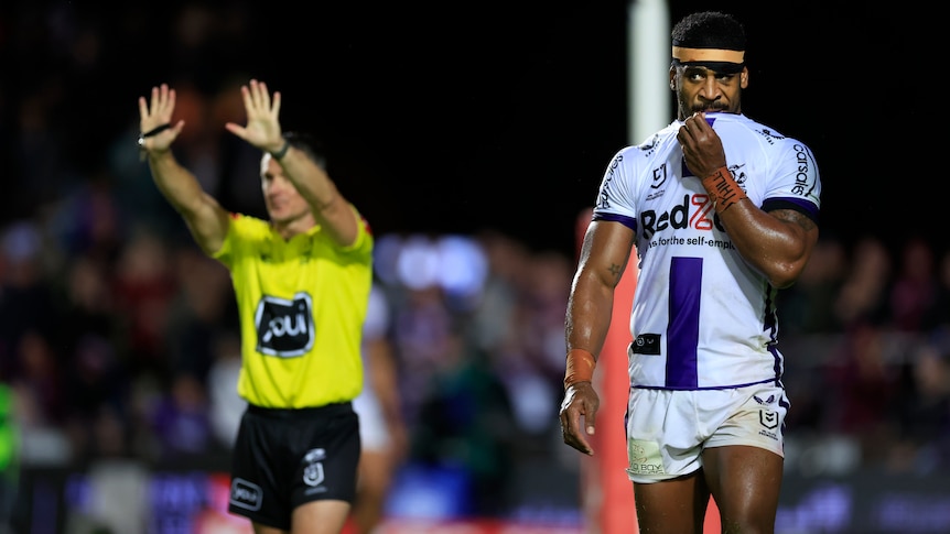 A Melbourne Storm NRL player is sent to the sin-bin during a match against Manly.
