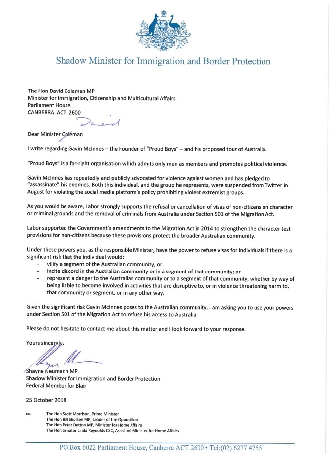 The letter to Immigration Minister David Coleman