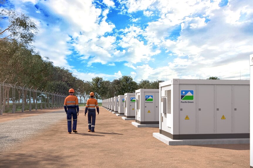 An artists impression of two people walking through an energy battery facility. 