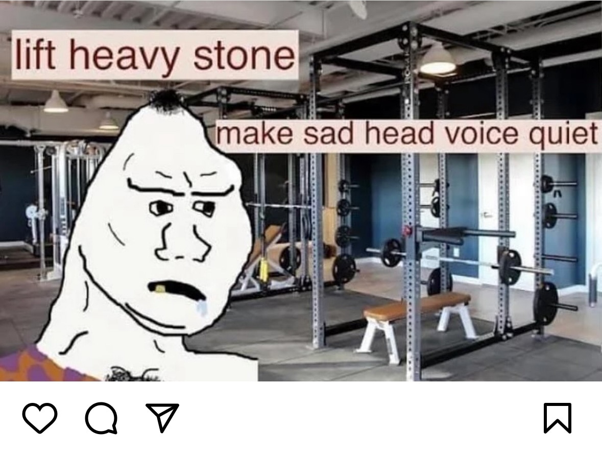 Screenshot of a graphic posted on instagram. The image is a meme mocking gym culture 