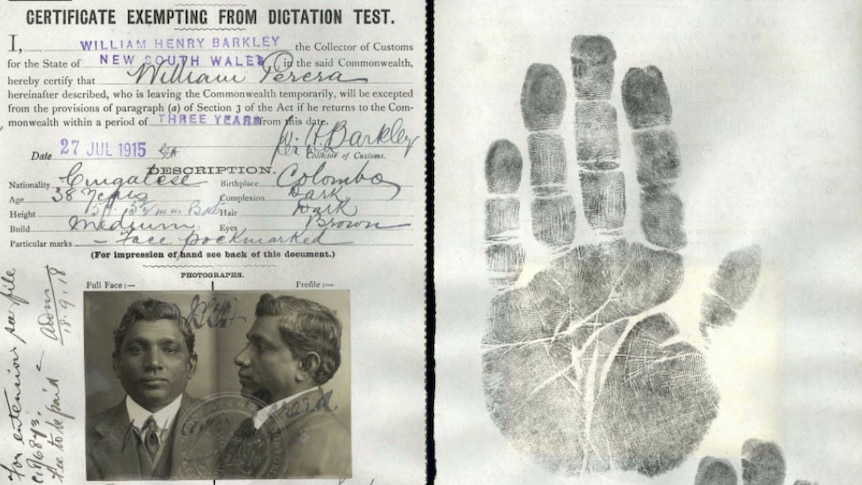 An individual's documentation and hand print in 1915 under the White Australia Policy.