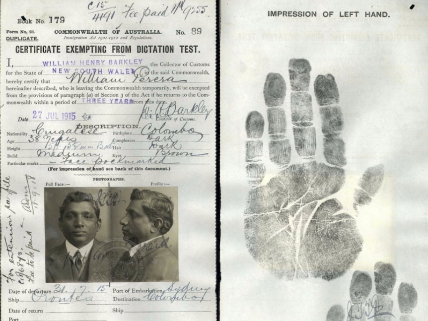 An individual's documentation and hand print in 1915 under the White Australia Policy.