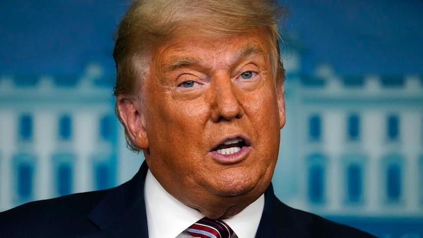 Donald Trump speaks in front of the White House logo in the press briefing room.