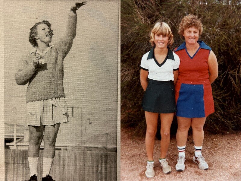 Two side by side photos, one of a girl playing netball and the other of a woman standing with her daughter