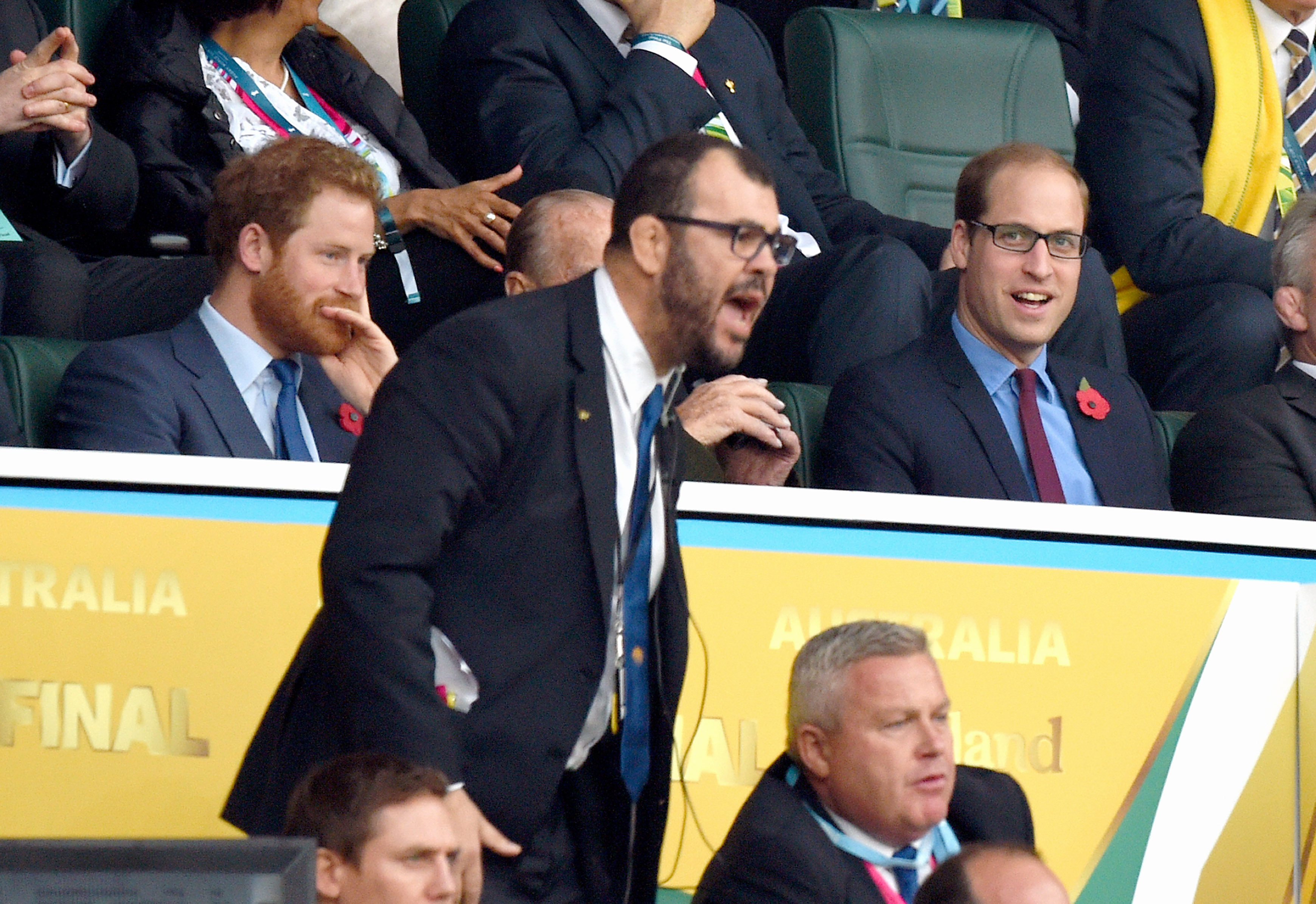 Princes Harry and William can be seen sitting in a rugby stand seated behind a yelling Australian coach