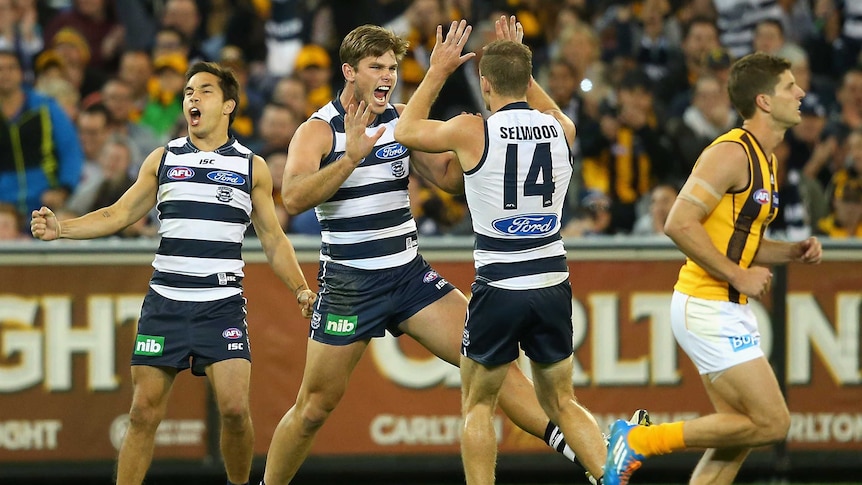Cats' Tom Hawkins (C) is congratulated by Joel Selwood and Mathew Stokes (L) after goal v Hawthorn.