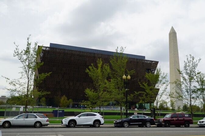 The National Museum of African American History and Culture, seen from the road.