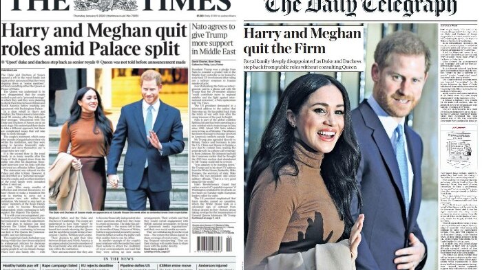 the front pages of The Times and the Daily Telegraph showing Harry and Meghan