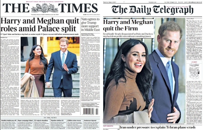 the front pages of The Times and the Daily Telegraph showing Harry and Meghan
