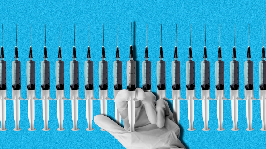 An illustration shows a gloved hand holding a syringe, with a row of syringes behind it.