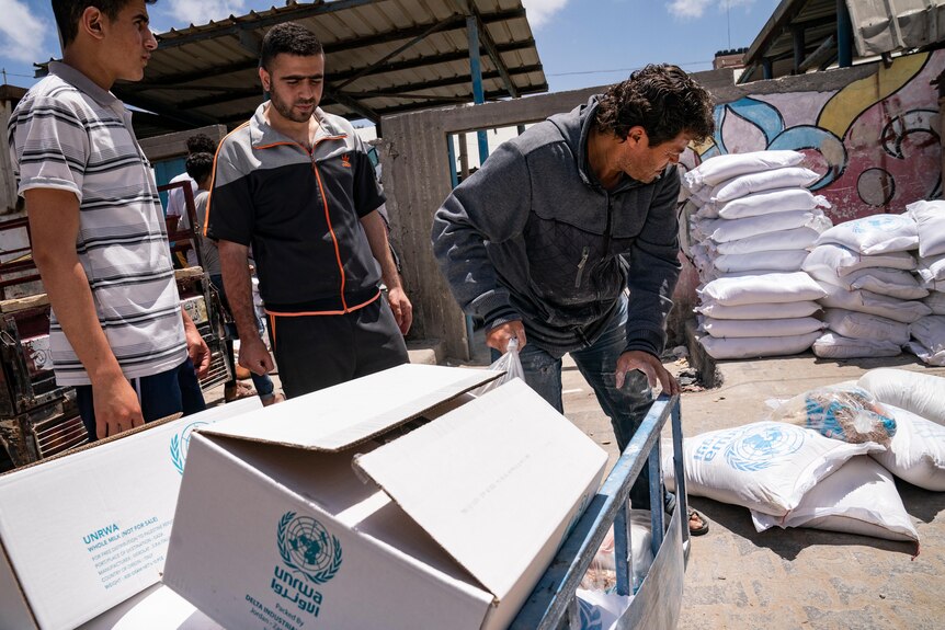 Bags of food aid for Palestinians