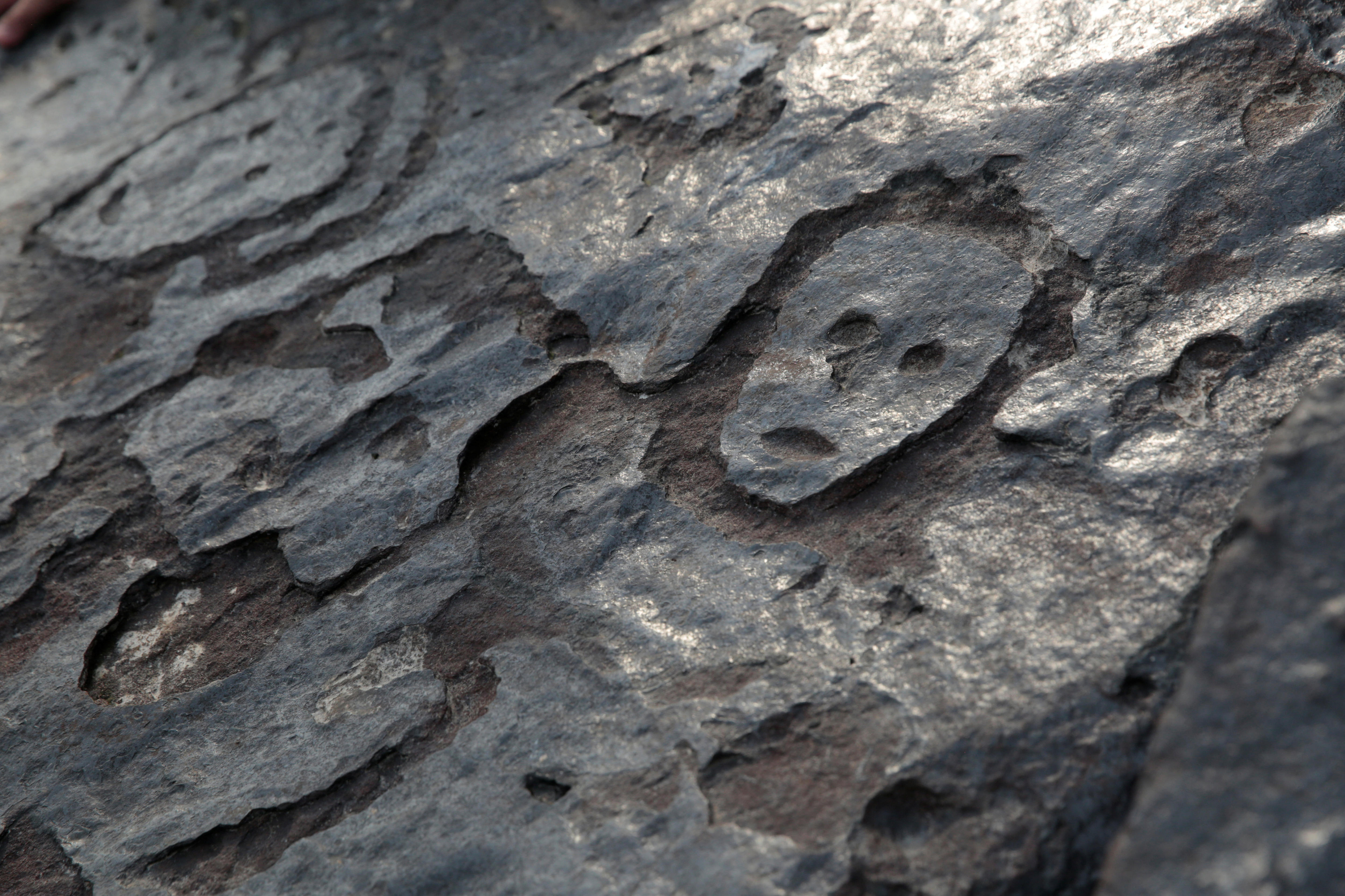A carving that looks like a face on a rock.