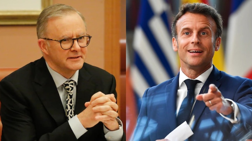 Composite image of Anthony Albanese and Emmanuel Macron.