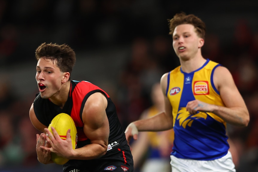 An Essendon player leans forward to take a mark as a West Coast player trails in behind him.