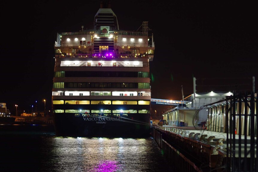 A wide shot of the Vasco da Gama cruise ship berthed at Fremantle Port.