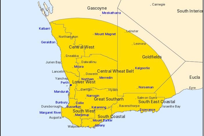 Map shopwing a large area of southern WA shaded yellow