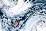A satellite image of intense white clouds to above east of Tasmania 