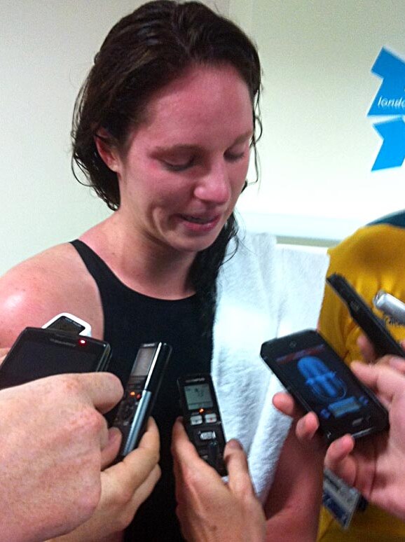 An emotional Emily Seebohm speaks to the media after her silver medal win in the 100m backstroke.