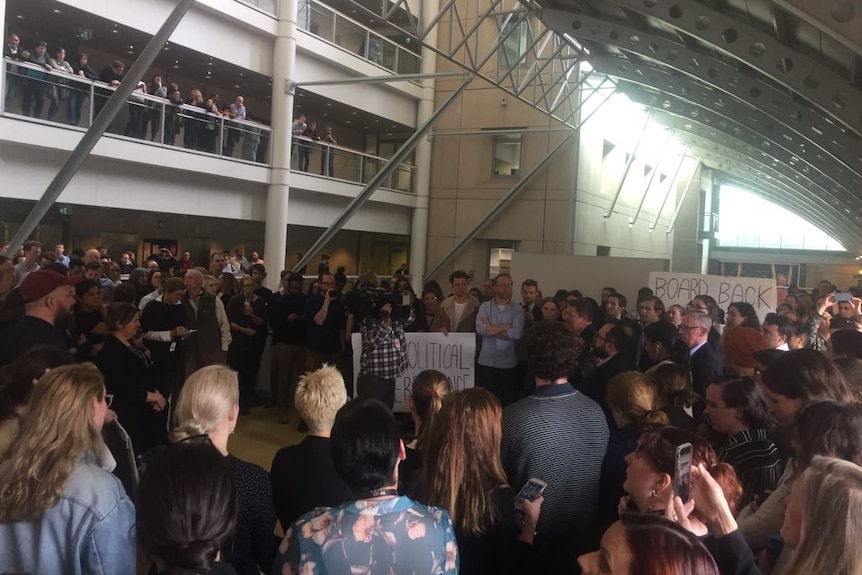 Staff gather at ABC studios in Ultimo, Sydney.