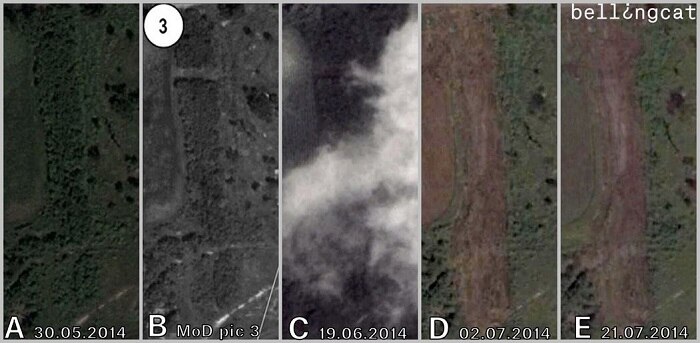 According to bellingcat, these images prove the Russian ministry of defence falsely presented their satellite images.