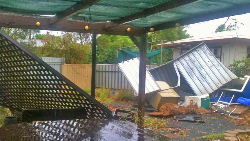 The back yard of a house in South Hedland is covered in debris resulting from Cyclone Heidi.