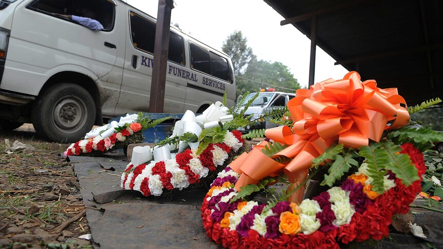Wreaths for mall attack victims outside Nairobi's mortuary