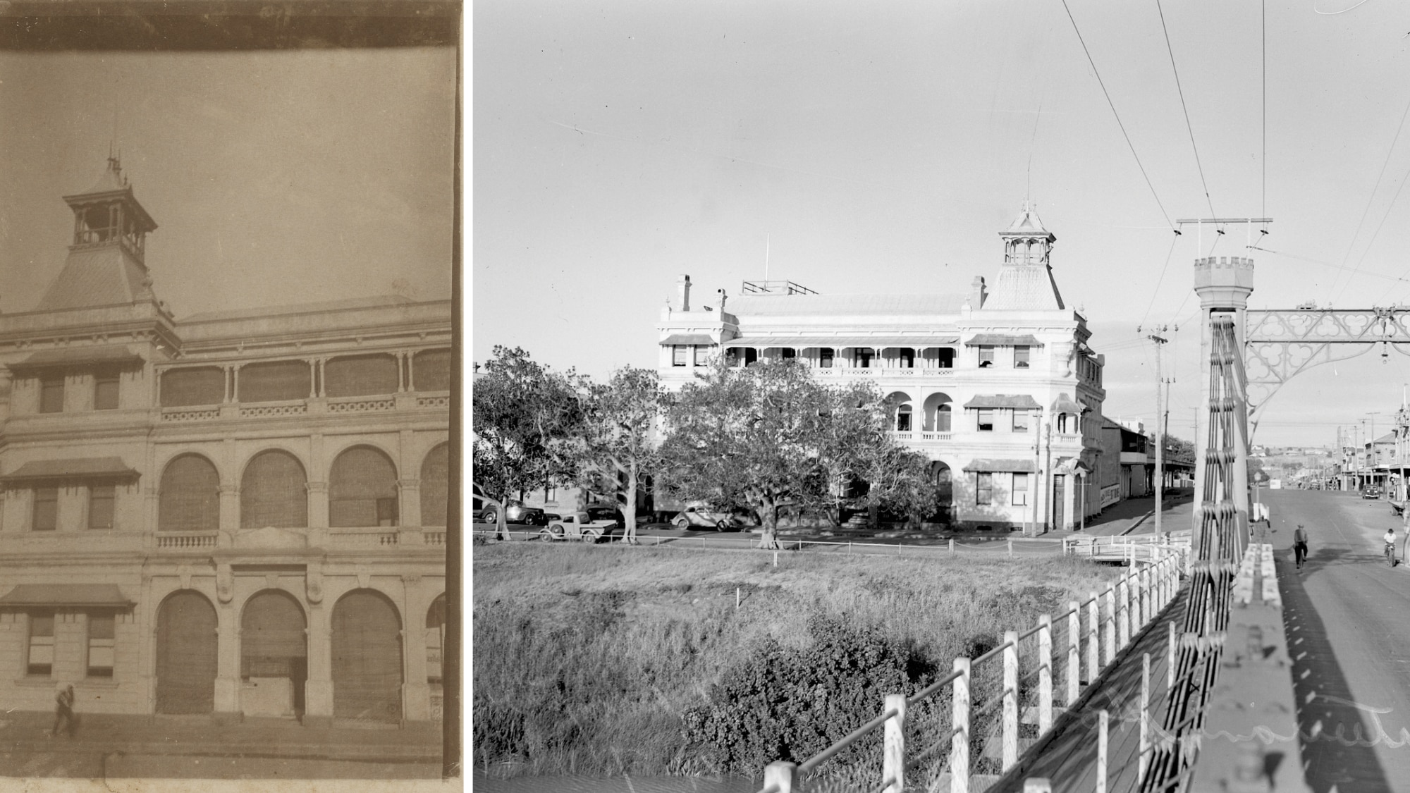 Collage of black and white images of hotel, bridge with hotel in far distance