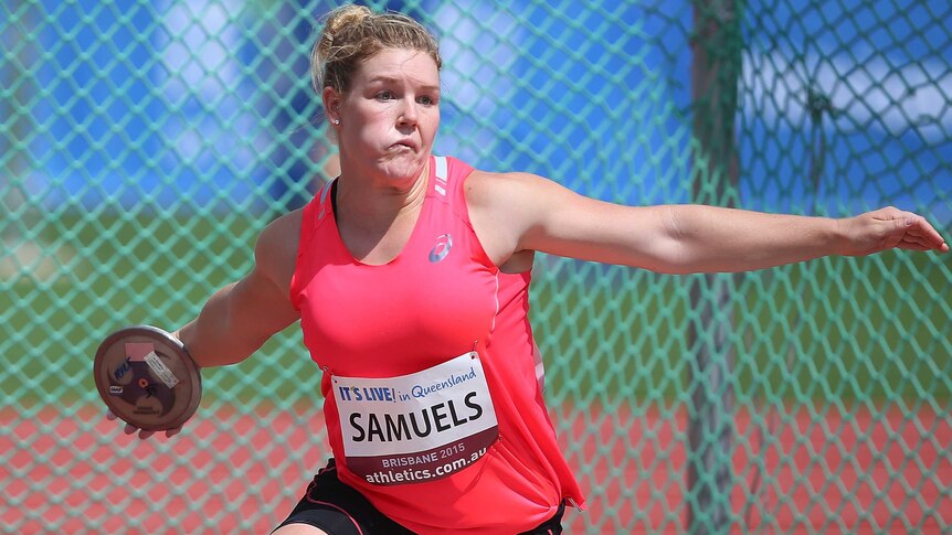 Solid form ... Dani Samuels throws in the women's discus final