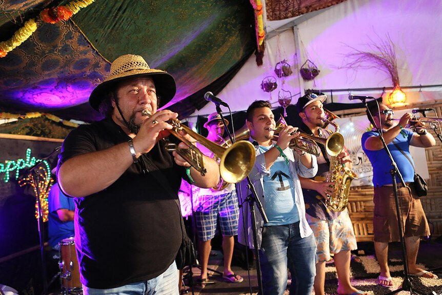 The Uska Kan Orkestar performing in the Pineapple Lounge at the Woodford Folk Festival.