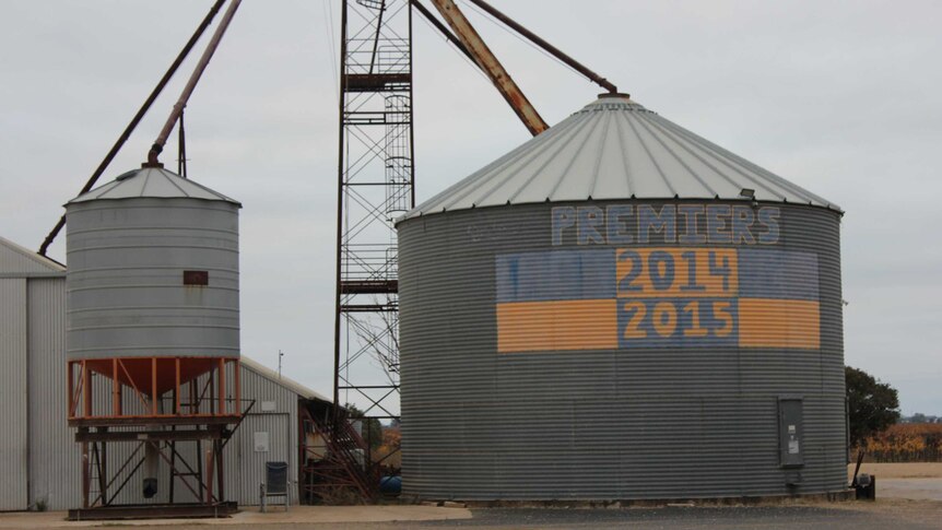 Outside of silo painted blue and yellow checks with the words "premiers 2014, 2015"