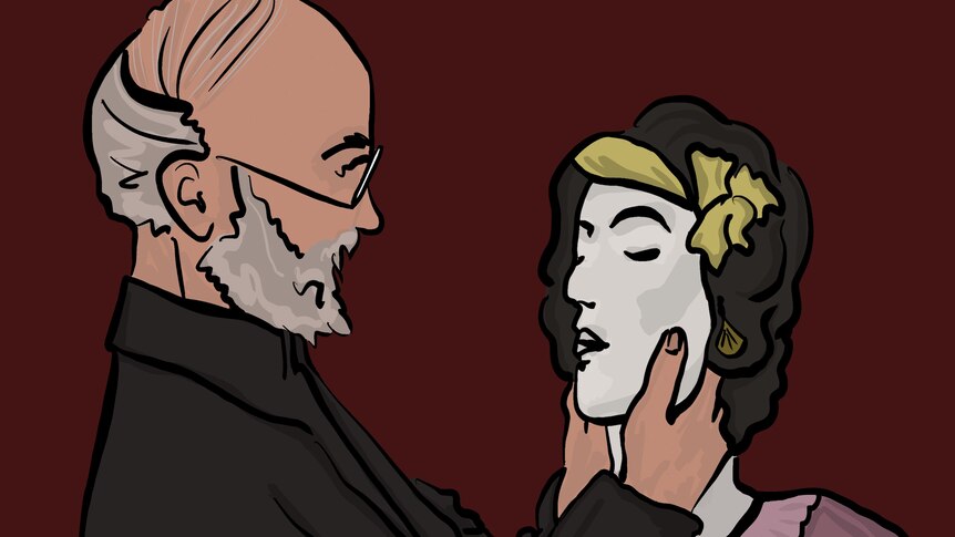 An illustration of a man with a grey beard holding the face of a young woman, whose skin is deathly white