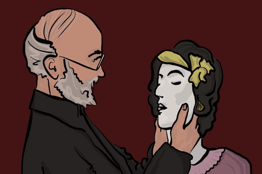 An illustration of a man with a grey beard holding the face of a young woman, whose skin is deathly white