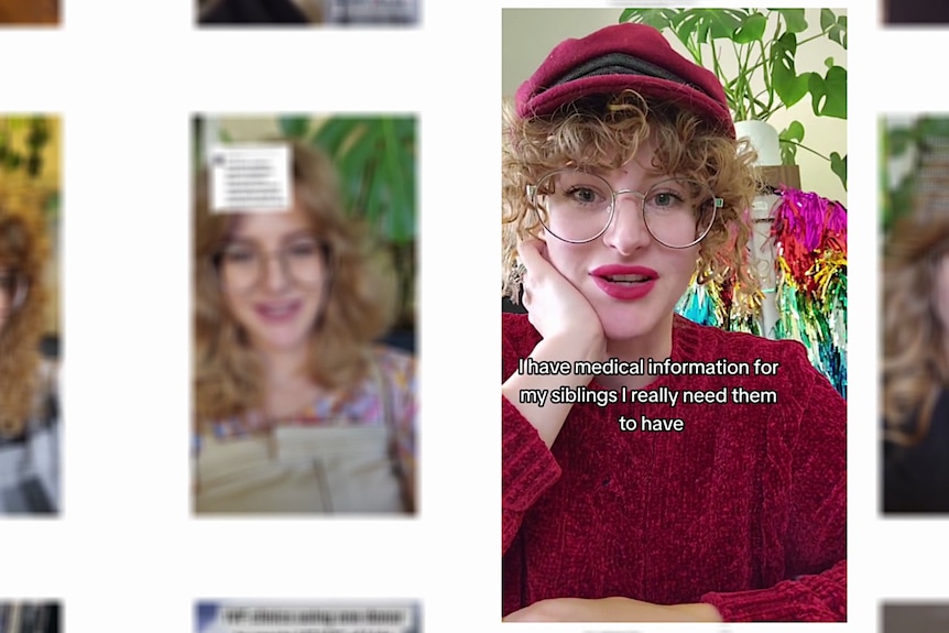 A grid of screen shots from TikTok, one showing a woman and the words 'I have medical information for my siblings ...'