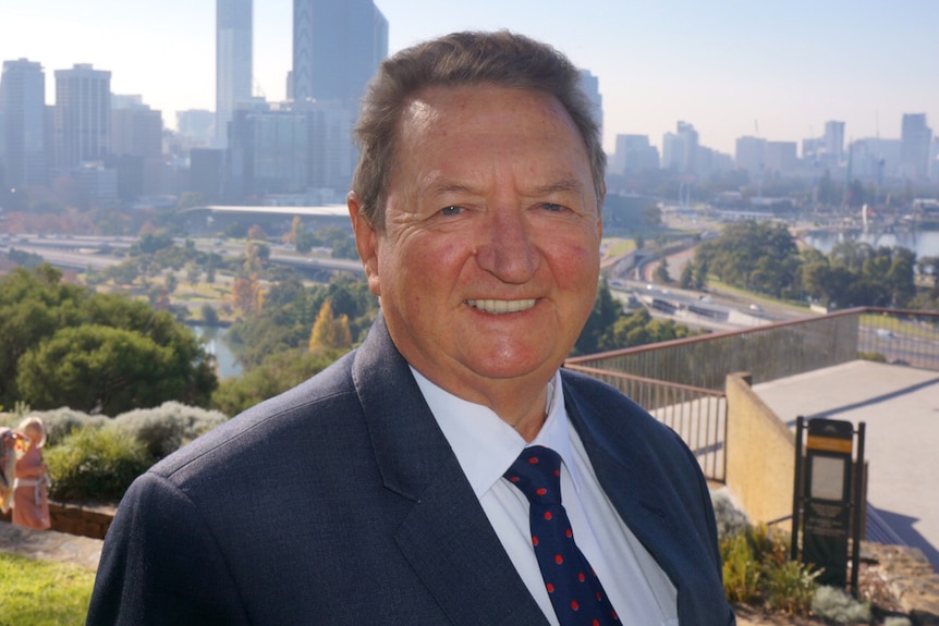 Former Perth lord mayor Chas Hopkins at Kings Park in front of the Perth skyline.
