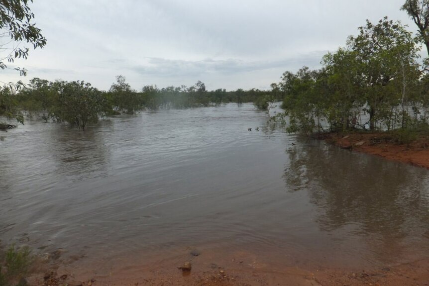 The flooded road to Doomadgee, north-west of Mount Isa, from Bowthorn Station near the NT-Queensland border on February 3, 2014.