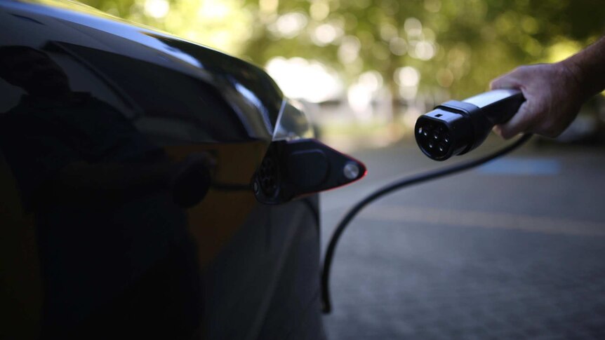 A charging port is held near a Tesla