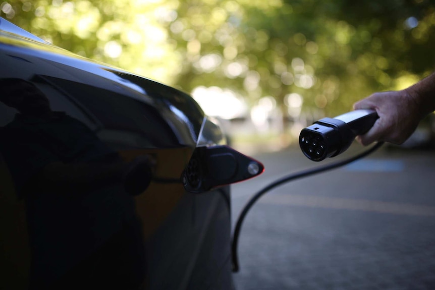 A charging port is held near a Tesla