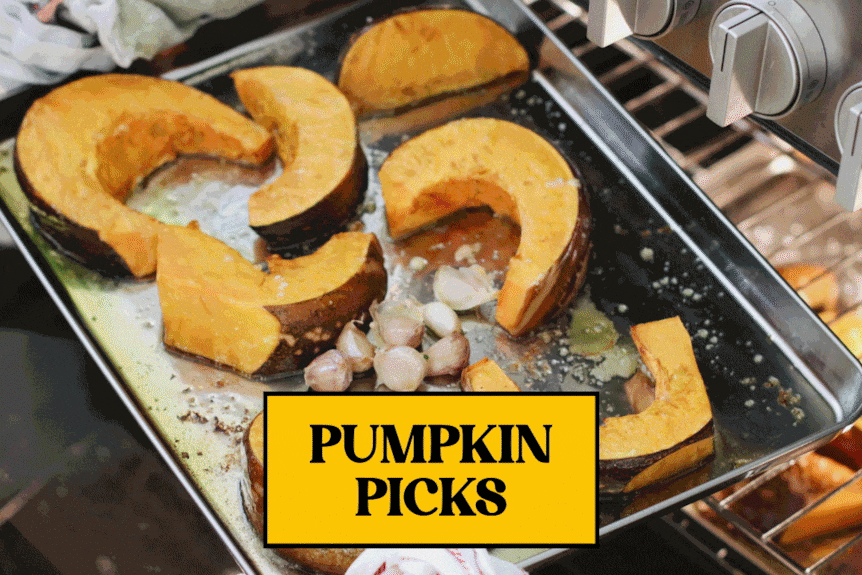 A gif of pumpkin on a baking tray, in a salad, and in a soup.
