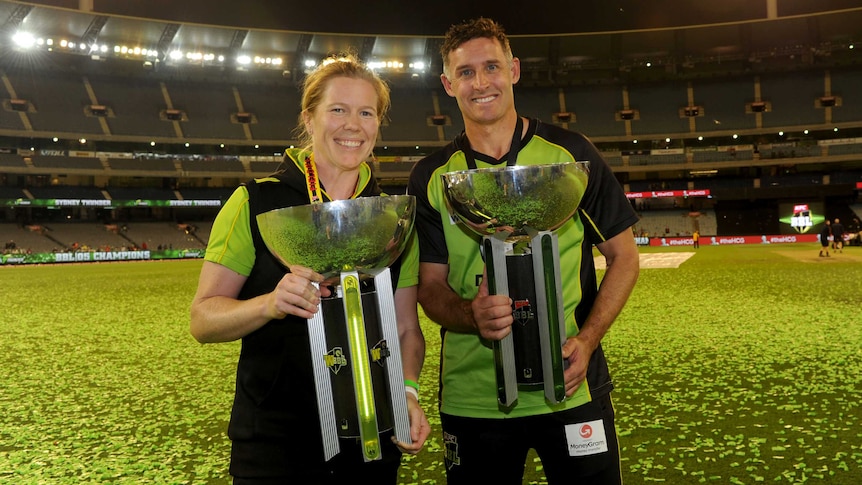 Sydney Thunder captains Blackwell, Hussey with WBBL, BBL trophies