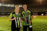 Sydney Thunder captains Alex Blackwell and Mike Hussey with trophies after 2016 Big Bash League.