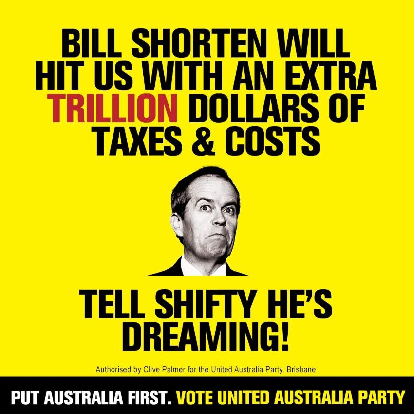 An ad showing Bill Shorten on a yellow background. The text says, "tell shifty he's dreaming".