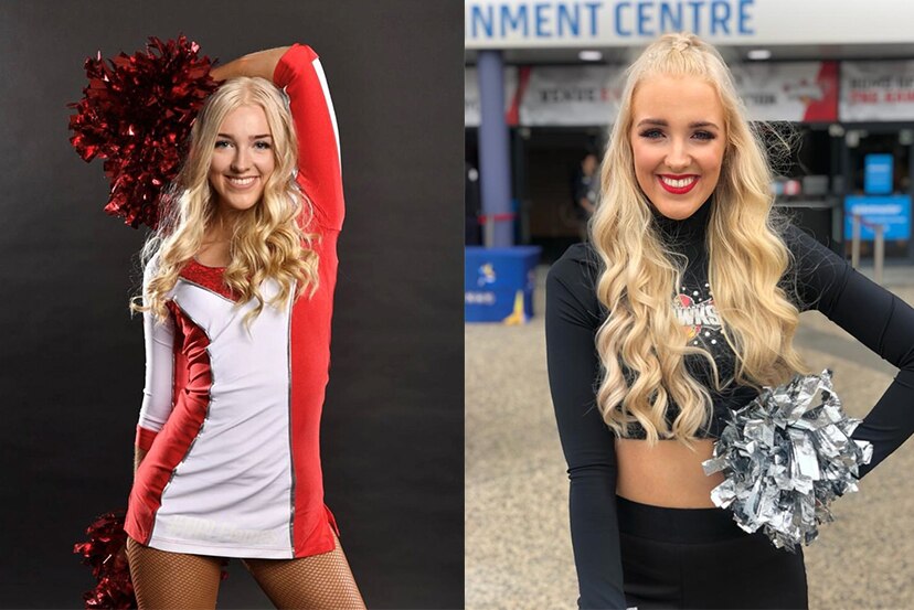 A two-photo composite showing Ash Hope in her Dragons and Hawks cheerleading outfits, holding pom poms.