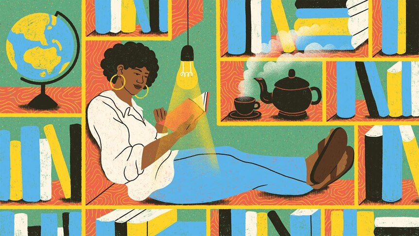 An illustration of a Black woman sitting in a bookshelf reading a book, a light illuminating the pages