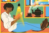 An illustration of a Black woman sitting in a bookshelf reading a book, a light illuminating the pages