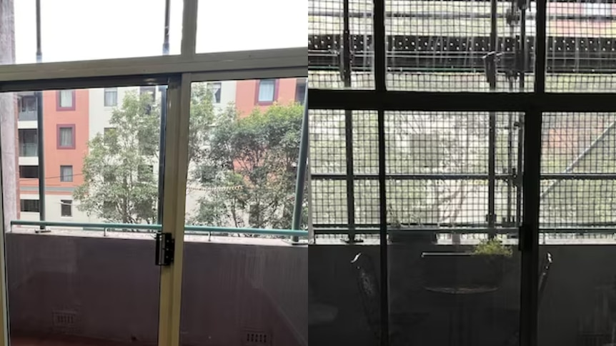 On the left, an apartment window near a balcony with light streaming in. On the right, a photo of the same room but darker.