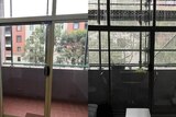 On the left, an apartment window near a balcony with light streaming in. On the right, a photo of the same room but darker.