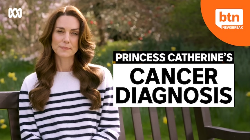 Princess Catherine sits on an outdoors bench in a garden looking at the camera with a contemplative expression.