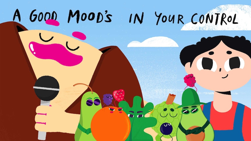 Cartoon girl and vegetables, text overlay reads "A good mood's in your control"