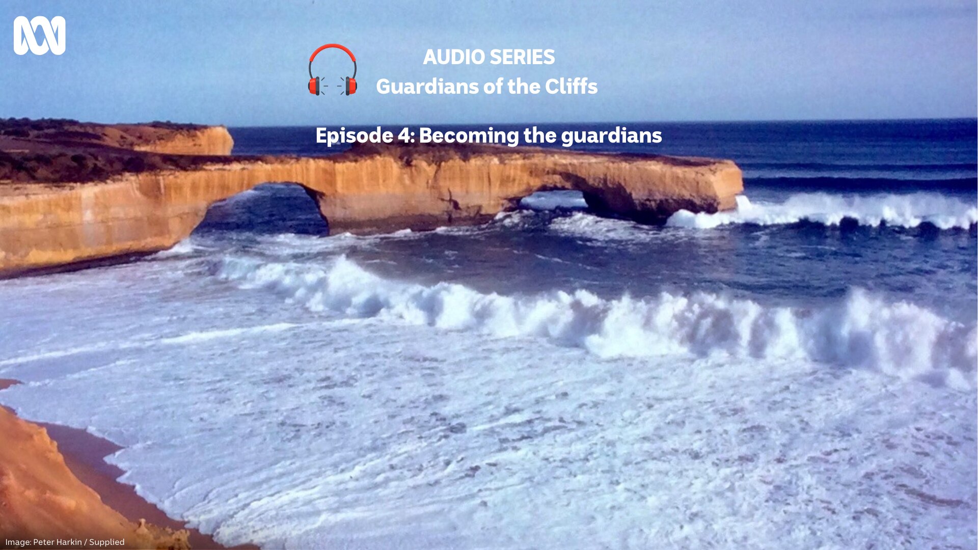 A cliff face jutting out to choppy sea on a sunny day, with the text of the series name and episode